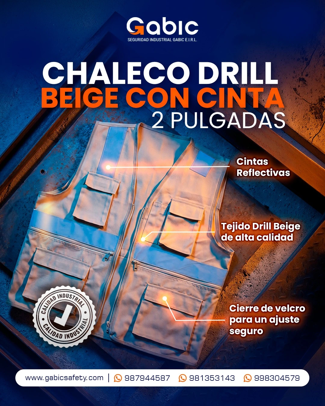 Chaleco drill beige con cinta reflectante